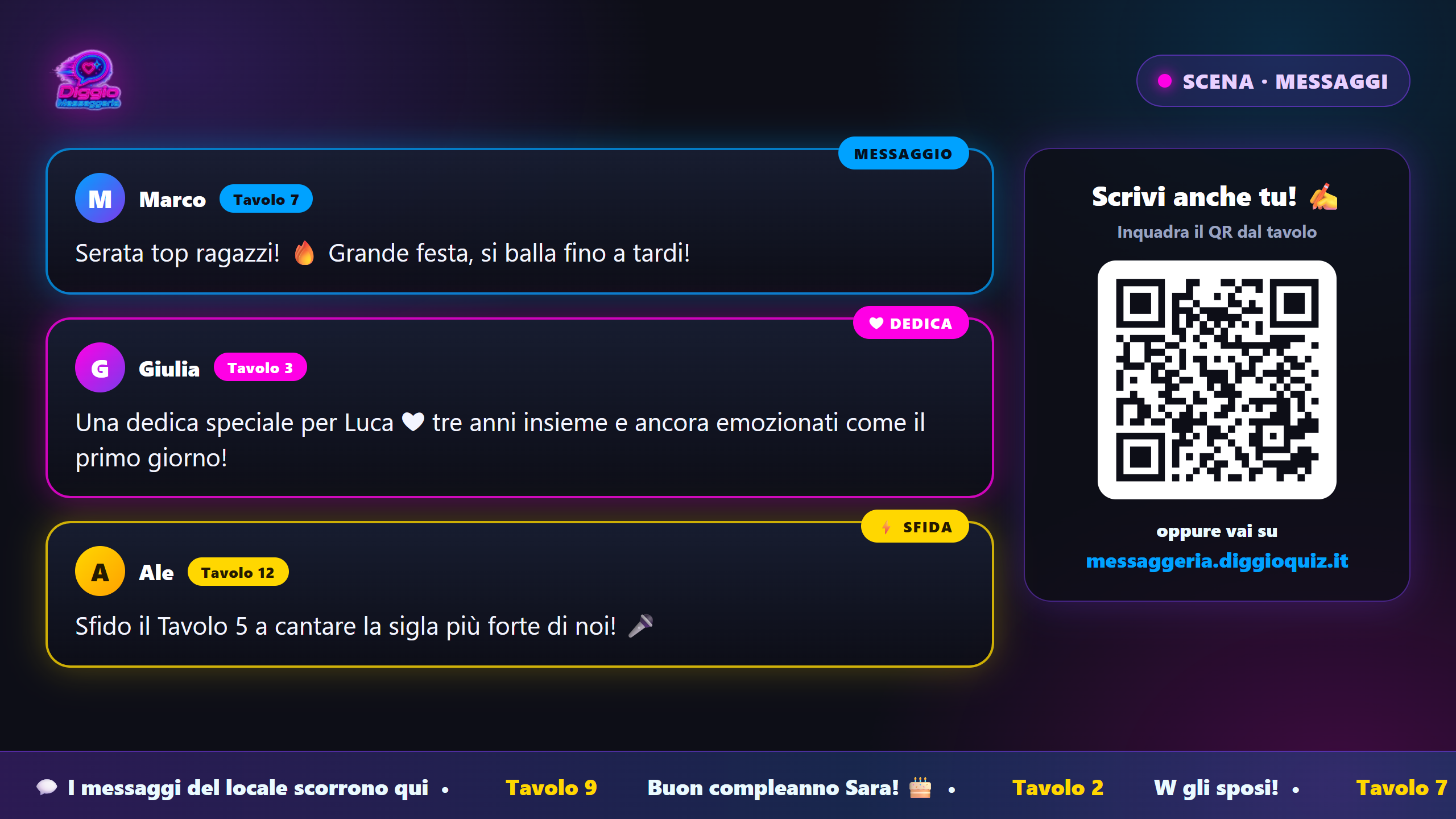 Diggio Messaggeria messaggi degli ospiti sul maxischermo